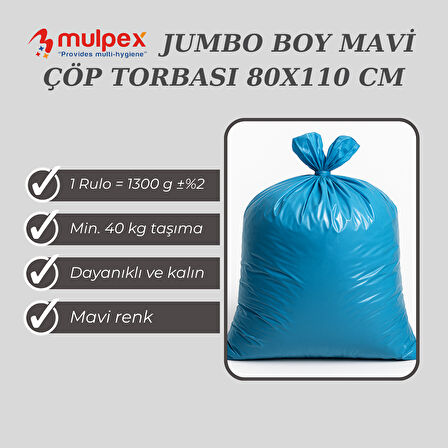 Mulpex Jumbo Boy Mavi Çöp Torbası 80x110 cm – 10 Rulo (13 kg ±%2) Dayanıklı ve Kalın, Ağır Hizmet Geri Dönüşüm