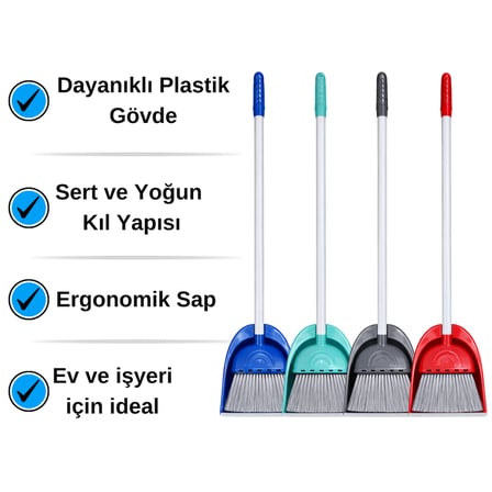 Mulpex Hazneli Süpürgeli Faraş Seti  x 12 Adet | Uzun Saplı Temizlik Süpürgesi | Yoğun Kıllı Fırça