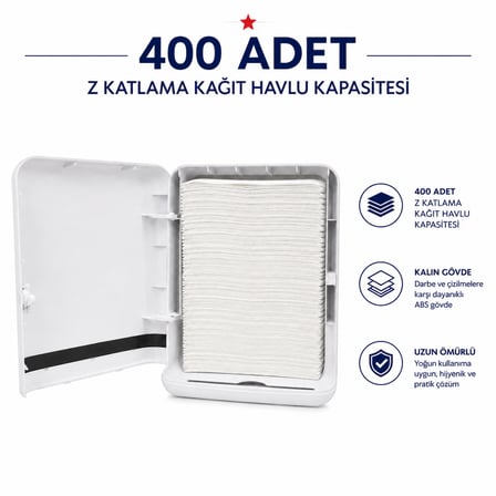 Mulpex Z Katlama Kağıt Havlu Dispenseri Beyaz 400 Yaprak Kapasiteli ABS Duvar Tipi