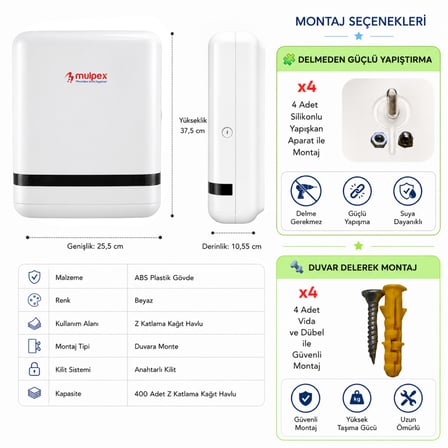 Mulpex Z Katlama Kağıt Havlu Dispenseri Beyaz 400 Yaprak Kapasiteli ABS Duvar Tipi