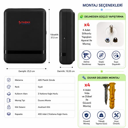 Mulpex Z Katlama Kağıt Havlu Dispenseri Siyah 400 Yaprak Kapasiteli ABS Duvar Tipi