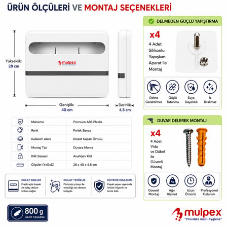 Mulpex Yarım Katlı Klozet Kapak Örtüsü Dispenseri Beyaz ABS Plastik Kilitli 40x28x4,5 cm