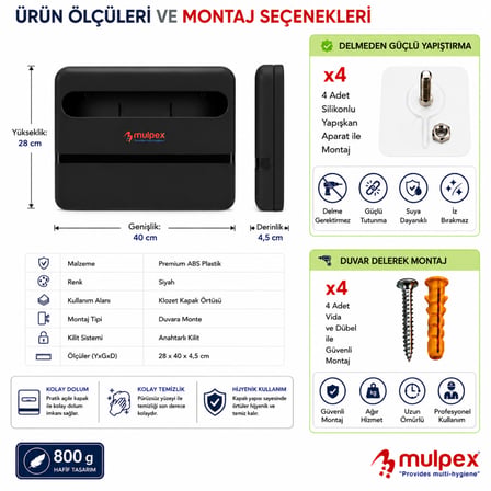 Mulpex Yarım Katlı Klozet Kapak Örtüsü Dispenseri Siyah ABS Plastik Kilitli 40x28x4,5 cm