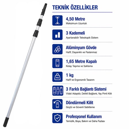 Mulpex Alüminyum Teleskopik Uzatma Sapı 4,5 Metre 3 Kademeli Çift Bağlantılı Siyah Profesyonel