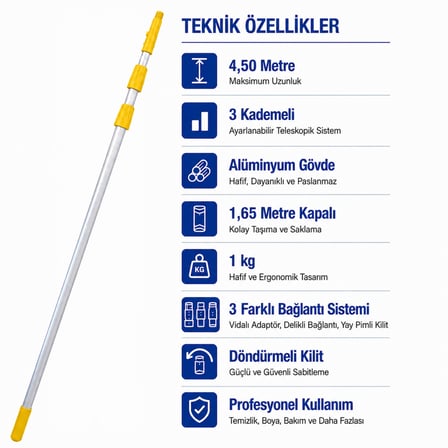 Mulpex Teleskopik Uzatma Sapı 4,5 Metre Alüminyum 3 Kademeli Çift Bağlantılı Sarı