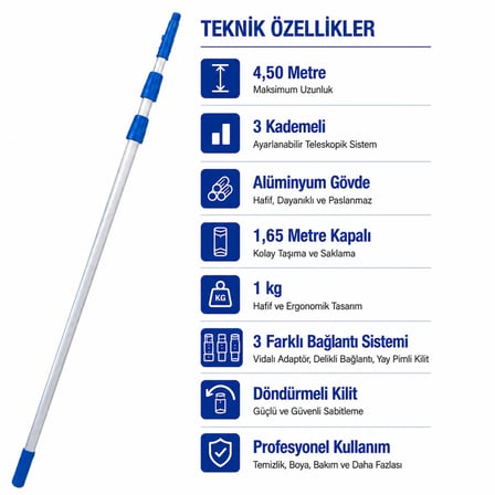 Mulpex Alüminyum Teleskopik Uzatma Sapı 4,5 Metre 3 Kademeli Çift Bağlantılı Mavi