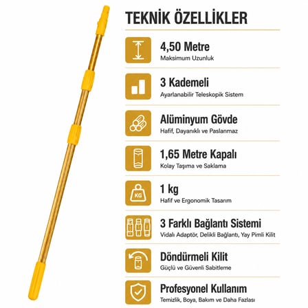 Mulpex Alüminyum Teleskopik Uzatma Sapı 4,5 Metre 3 Kademeli Çift Bağlantılı Gold