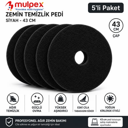 Mulpex 43 cm Siyah Zemin Pedi 5’li – Cila Sökme ve Ağır Temizlik Pedi