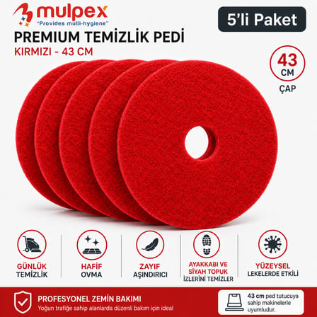 Mulpex Premium 43 cm Kırmızı Zemin Temizlik Pedi 5’li Paket – Yer Yıkama Makinesi Pedi