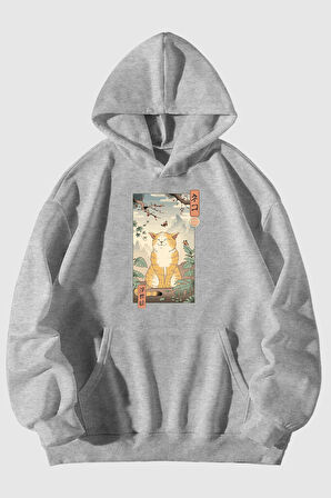 Mutlu Kedi Baskılı Unisex Siyah Kanguru Cepli Kapüşonlu Sweatshirt Hoodie | S