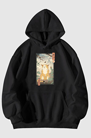 Mutlu Kedi Baskılı Unisex Siyah Kanguru Cepli Kapüşonlu Sweatshirt Hoodie | M