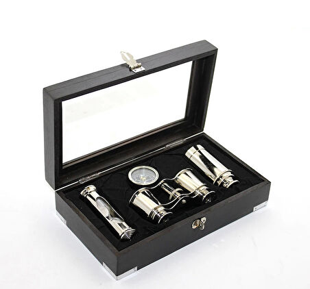 Ahşap Kutulu Pirinç Dürbün Pusula Ve Kum Saati Seti