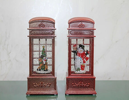 Telefon Kulübesi Tasarımlı Yılbaşı Temalı Işıklı Müzikli Kar Küresi Model 2