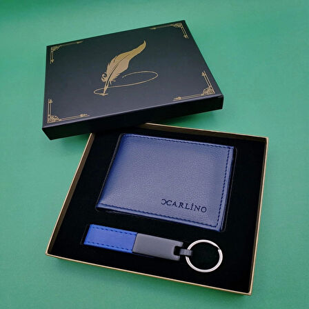 Kutulu Mavi Deri Cüzdan Ve Anahtarlık Seti