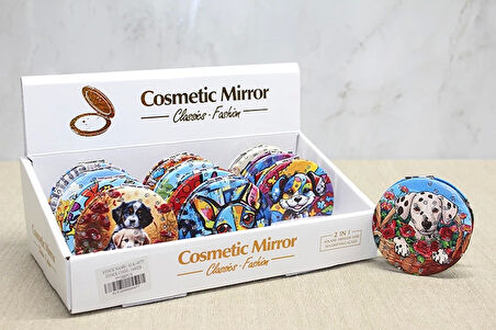 Sevimli Köpek Tasarımlı Taşlı İnce El Aynası Yuvarlak