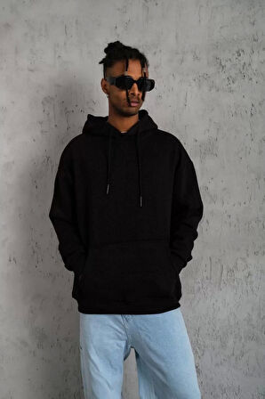 Erkek Düz Kapüşonlu Sweat - Siyah