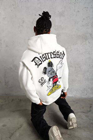 Erkek Üç İplik Baskılı Kapüşonlu Sweat - Beyaz