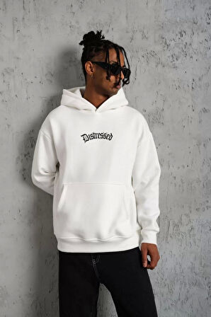 Erkek Üç İplik Baskılı Kapüşonlu Sweat - Beyaz