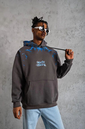 Erkek Yıldırım Baskılı Kapşonlu Sweatshirt - Gri