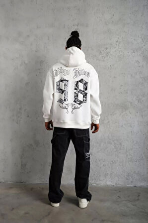 Erkek 98 Baskılı Kapşonlu Sweat - Beyaz
