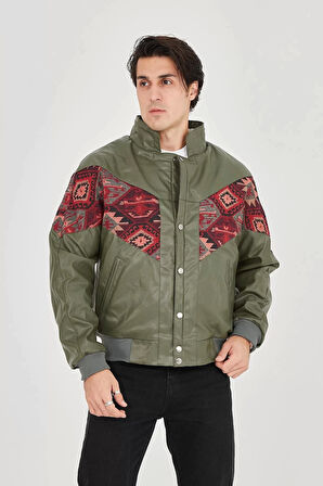 Erkek İçi Astarlı İçten Yaka Kısmı Peluşlu Suni Kumaş Vintage Ceket - Haki