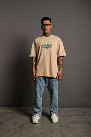 Erkek Sırt Baskılı T-shirt - Bej