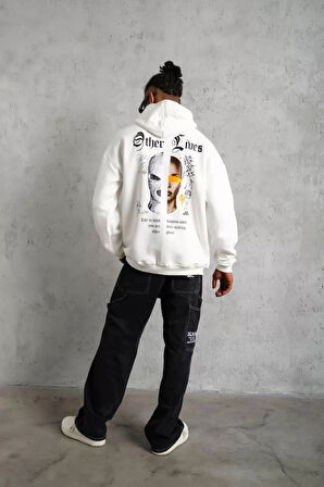 Erkek Sırt Baskılı Oversize Üç İplik Kapüşonlu Sweatshirt - Beyaz