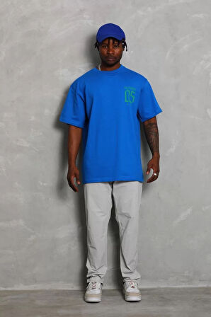 Unisex Oversize Baskılı Bisiklet Yaka T-Shirt - Mavi
