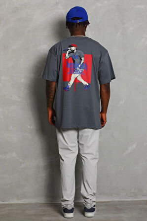 Unisex Oversize Baskılı Bisiklet Yaka T-Shirt - Füme