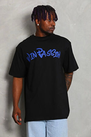 Unisex Oversize Baskılı Bisiklet Yaka T-Shirt - Siyah