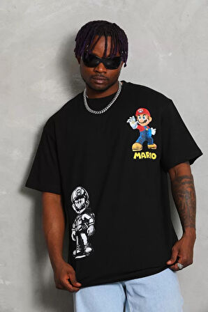 Unisex Oversize Baskılı Bisiklet Yaka T-Shirt - Siyah