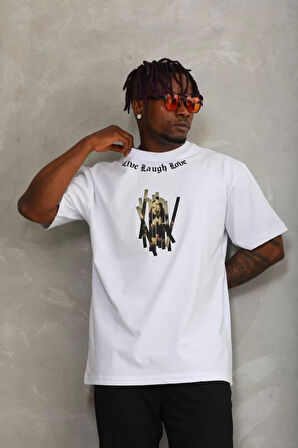 Unisex Oversize Baskılı Bisiklet Yaka T-Shirt - Beyaz