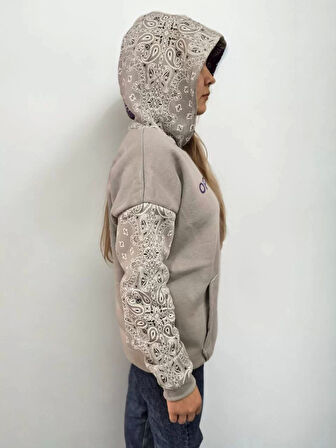 Kadın Baskılı Kapüşonlu Sweatshirt - Gri