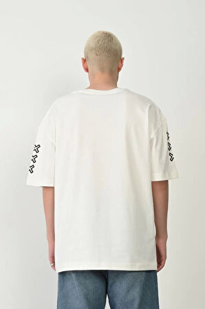 Unisex Baskılı Bisiklet Yaka Oversize T-Shirt - Beyaz