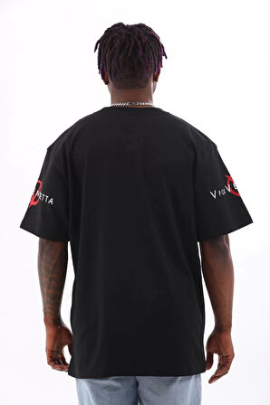 Unisex Oversize Baskılı Bisiklet Yaka T-Shirt - Siyah