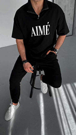 Unisex Yarım Fermuarlı Baskılı T-Shirt - Siyah