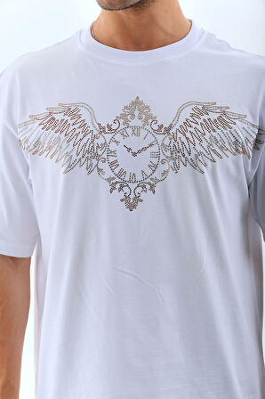 Unisex Oversize Taşlı Bisiklet Yaka T-Shirt - Beyaz