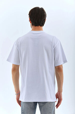 Unisex Oversize Taşlı Bisiklet Yaka T-Shirt - Beyaz
