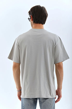 Unisex Oversize Taşlı Bisiklet Yaka T-Shirt - Gri