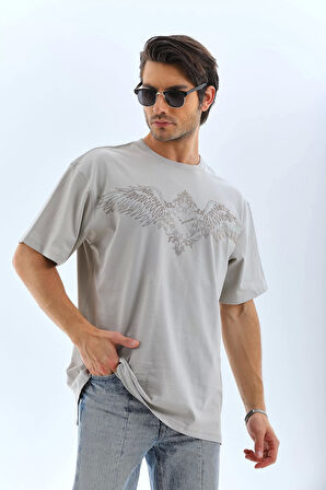 Unisex Oversize Taşlı Bisiklet Yaka T-Shirt - Gri