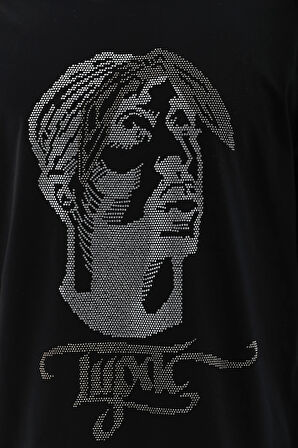 Unisex Oversize Taşlı Bisiklet Yaka T-Shirt - Siyah