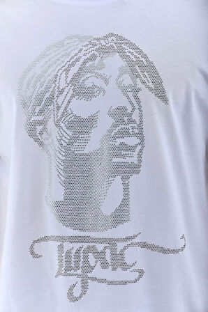 Unisex Oversize Taşlı Bisiklet Yaka T-Shirt - Beyaz