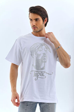 Unisex Oversize Taşlı Bisiklet Yaka T-Shirt - Beyaz