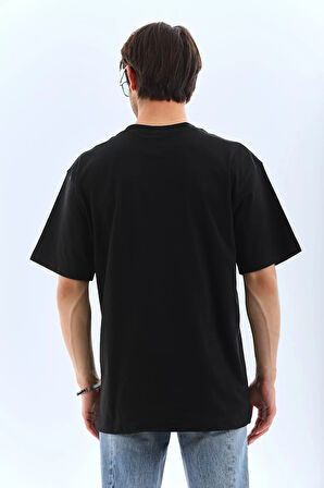 Unisex Oversize Taşlı Bisiklet Yaka T-Shirt - Siyah