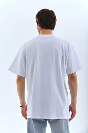 Unisex Oversize Taşlı Bisiklet Yaka T-Shirt - Beyaz
