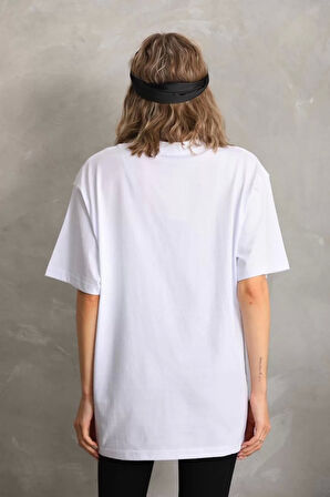 Unisex Taş Desenli Oversize T-Shirt - Beyaz
