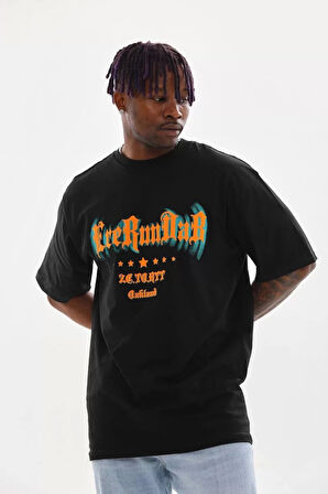 Unisex Baskılı Oversize T-Shirt - Siyah