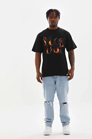 Unisex Baskılı Oversize T-Shirt - Siyah