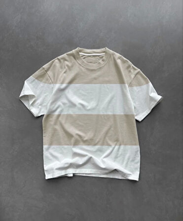 Unisex Bisiklet Yaka Parçalı T-Shirt - Bej