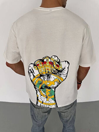 Unisex Bisiklet Yaka Baskılı Oversize T-Shirt - Beyaz